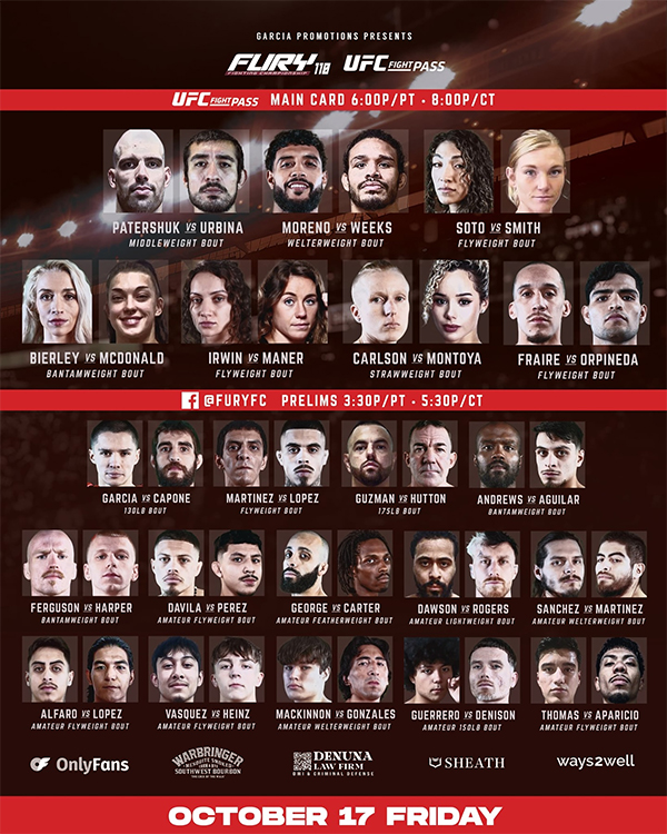 Fury FC 110 - Patershuk vs. Urbina Official Fight Card Fury FC 110 - Patershuk vs. Urbina Official Fight Card