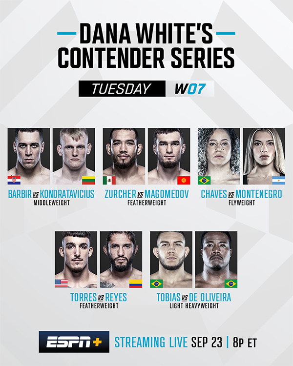  Dana Whites Contender Series 2025 Season 9 - Week 7 - Barbir vs. Kondratavicius Official Fight Card