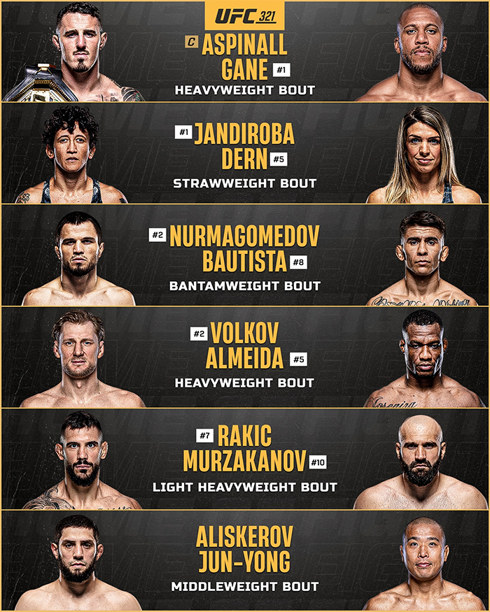  UFC 321 - Aspinall vs. Gane Official Fight Card