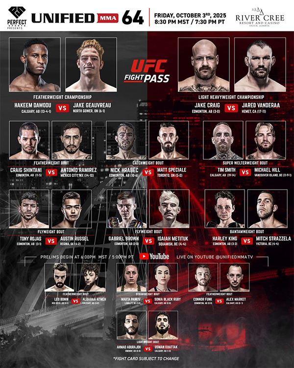  Unified MMA 64 - Dawodu vs. Geauvreau Official Fight Card