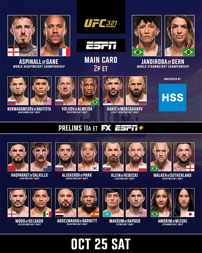  UFC 321 - Aspinall vs. Gane Official Fight Card