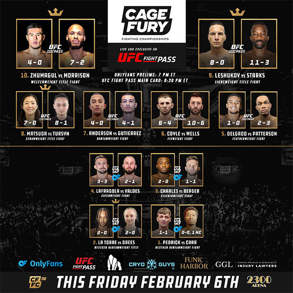  Cage Fury FC 150 - Zhumagul vs. Morrison Official Fight Card