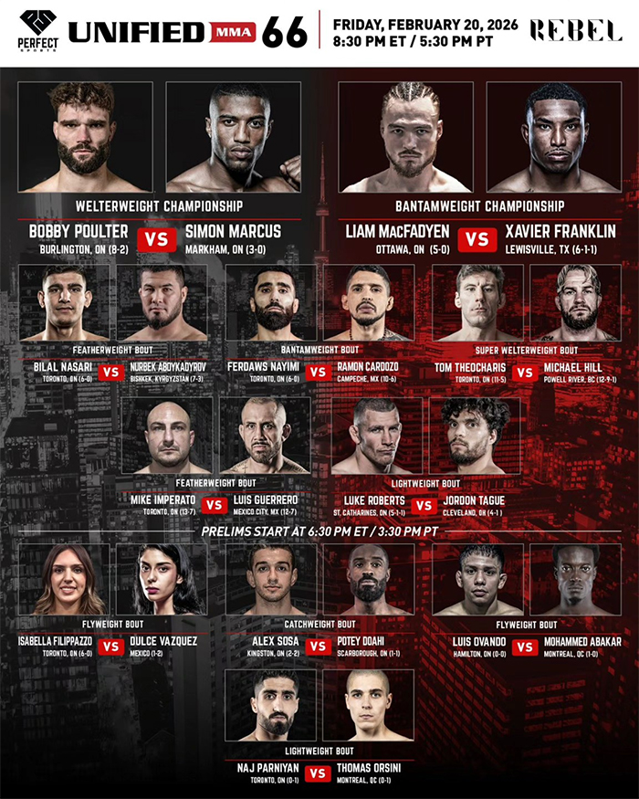  Unified MMA 66 - Poulter vs. Marcus Official Fight Card