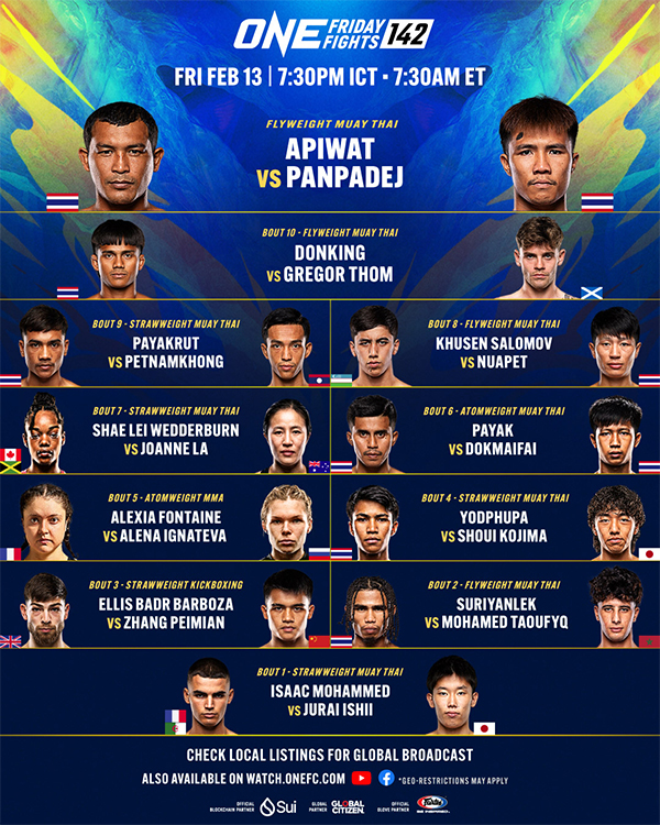  ONE Friday Fights 142 - Apiwat vs. Panpadej Official Fight Card