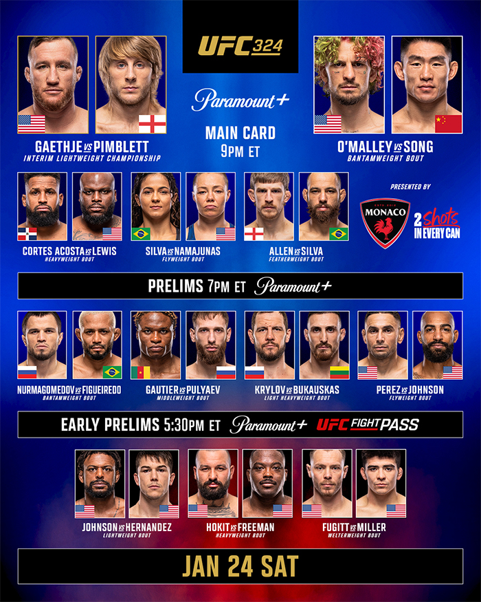  UFC 324 - Gaethje vs. Pimblett Official Fight Card