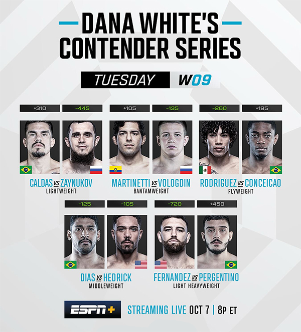  Dana Whites Contender Series 2025 Season 9 - Week 9 - Caldas vs. Zayunokov Fight Card
