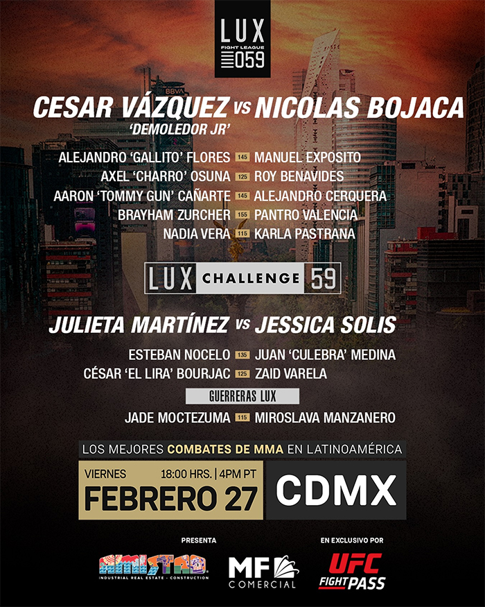 Lux Fight League 59 - Vazquez vs. Bojaca Official Fight Card Lux Fight League 59 - Vazquez vs. Bojaca Official Fight Card