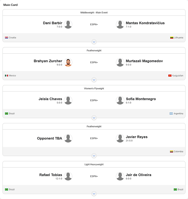  Dana Whites Contender Series 2025 Season 9 - Week 7 - Barbir vs. Kondratavicius ESPN Fight Card