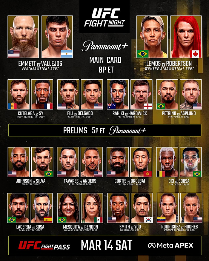  UFC Fight Night 269 - Emmett vs. Vallejos Fight Card