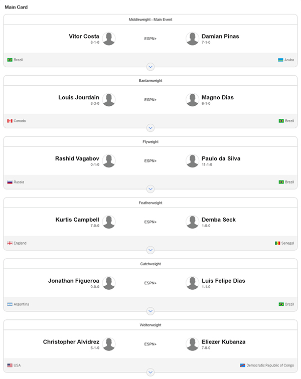  Dana Whites Contender Series 2025 Season 9 - Week 8 - Costa vs. Pinas Official Fight Card
