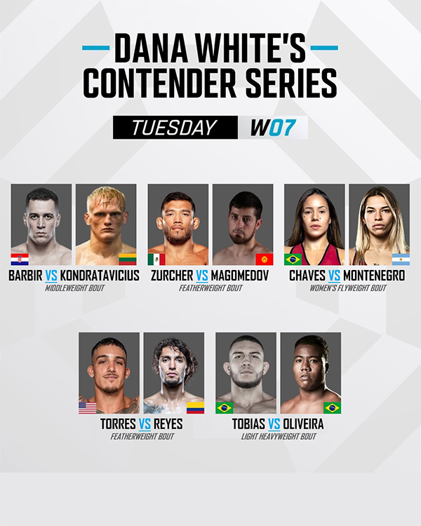  Dana Whites Contender Series 2025 Season 9 - Week 7 - Barbir vs. Kondratavicius Official Fight Card