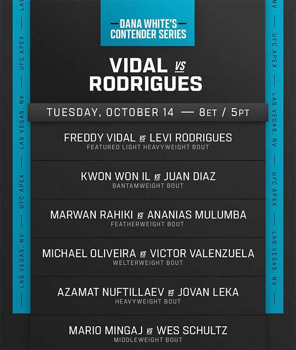  Dana Whites Contender Series 2025 Season 9 - Week 9 - Caldas vs. Zayunokov Official Fight Card