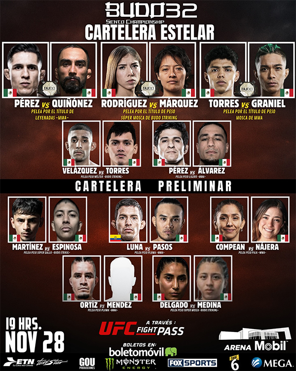 Budo Sento Championship 32 - Quinonez vs. Perez Official Fight Card Budo Sento Championship 32 - Quinonez vs. Perez Official Fight Card