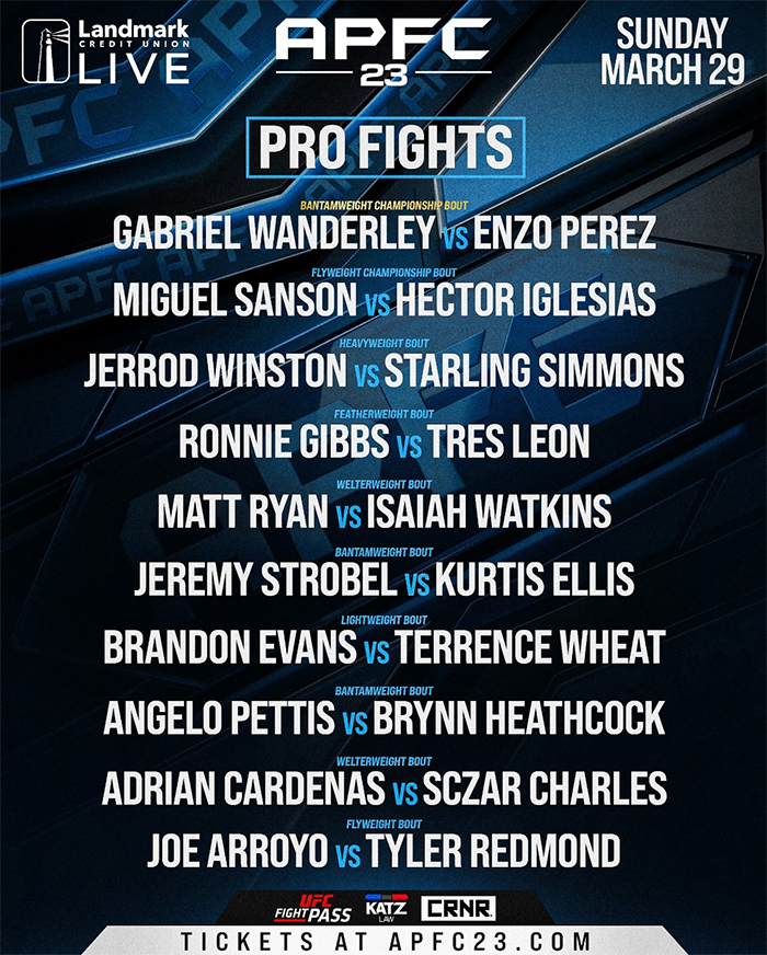  APFC 23 - Milwaukee Fight Night 10 - Wanderley vs. Perez Official Fight Card Main Card