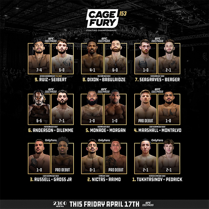  Cage Fury FC 153 - Ruiz vs. Seibert Official Fight Card