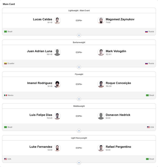  Dana Whites Contender Series 2025 Season 9 - Week 9 - Caldas vs. Zayunokov ESPN Fight Card