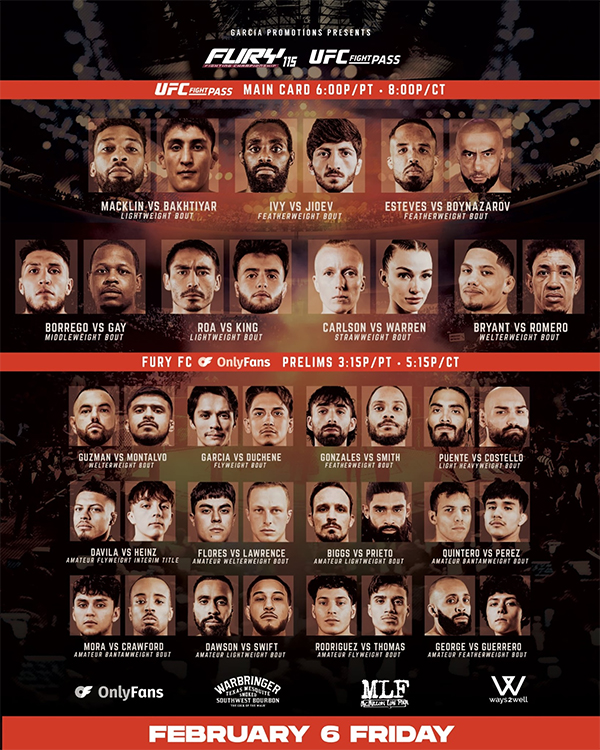 Fury FC 115 - Macklin vs. Bakhtiyar Official Fight Card Fury FC 115 - Macklin vs. Bakhtiyar Official Fight Card