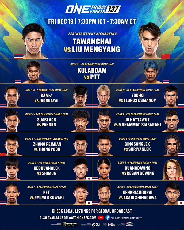  ONE Friday Fights 137 - Tawanchai vs. Liu Official Fight Card
