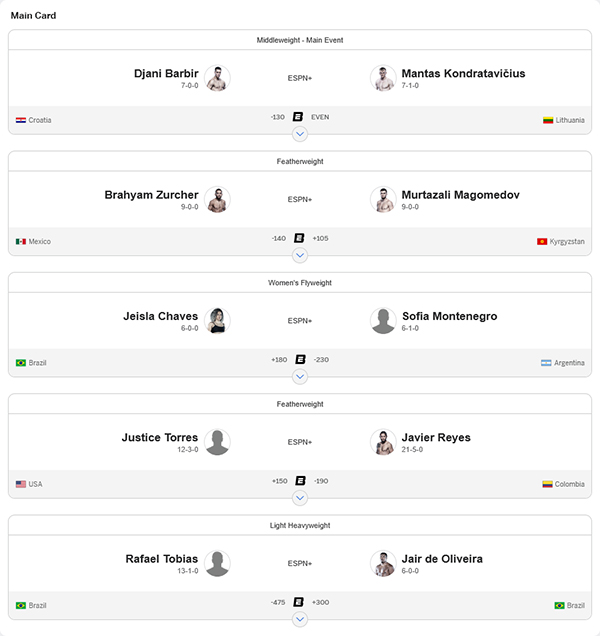 Dana Whites Contender Series 2025 Season 9 - Week 7 - Barbir vs. Kondratavicius ESPN Fight Card