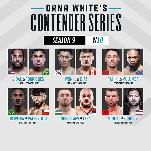  Dana Whites Contender Series 2025 Season 9 - Week 9 - Caldas vs. Zayunokov Official Fight Card