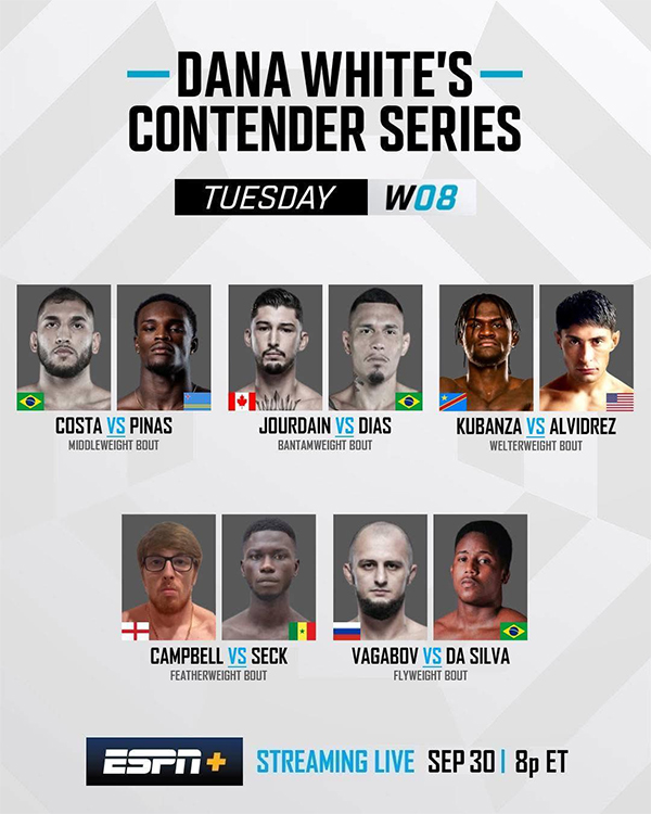  Dana Whites Contender Series 2025 Season 9 - Week 8 - Costa vs. Pinas Official Fight Card
