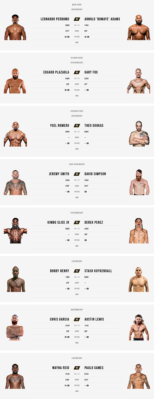  BKFC 80 Hollywood - Perdomo vs. Adams 2 - Official Fight Card