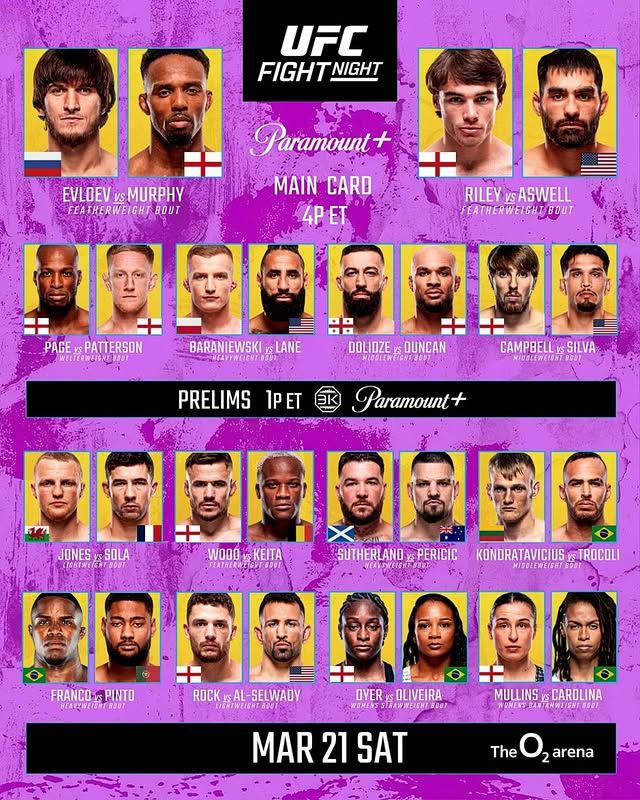  UFC Fight Night 270 - Evloev vs. Murphy Official Fight Card