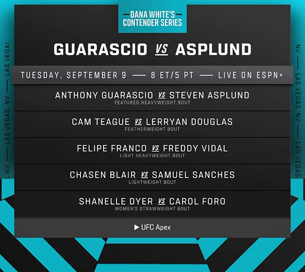  Dana Whites Contender Series 2025 Season 9 - Week 5 - Guarascio vs. Asplund Official Fight Card