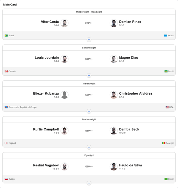  Dana Whites Contender Series 2025 Season 9 - Week 8 - Costa vs. Pinas ESPN Fight Card