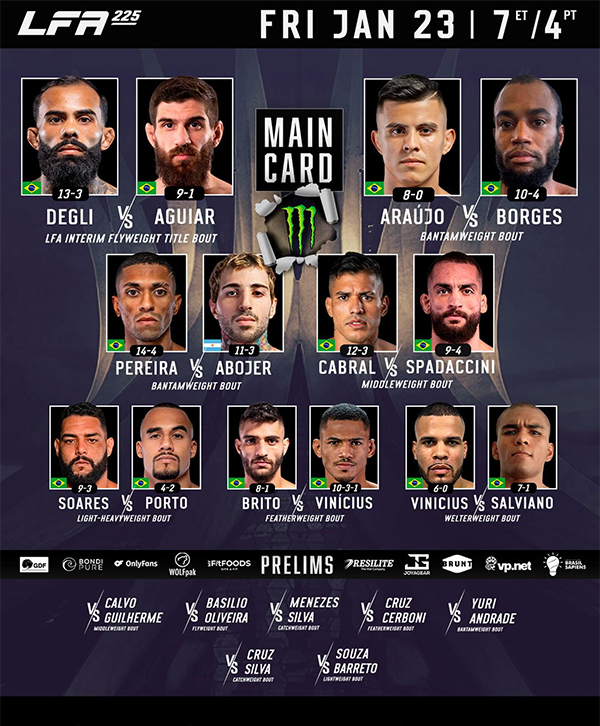 LFA 225 - Degli vs. Aguiar Official Fight Card LFA 225 - Degli vs. Aguiar Official Fight Card