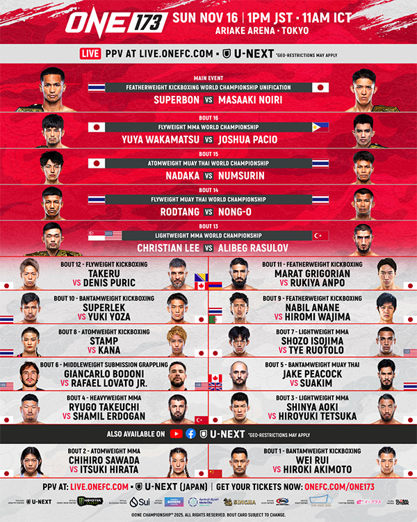  ONE 173 Superbon vs. Noiri Official Fight Card