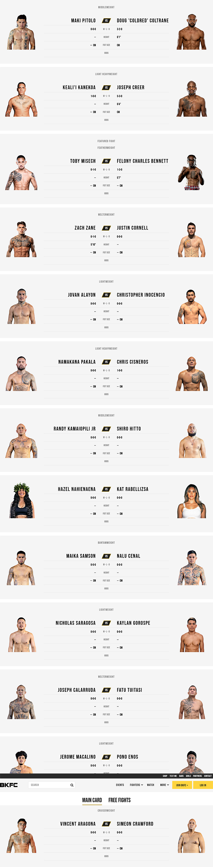  BKFC Fight Night Honolulu - Pitolo vs. Coltrane Fight Card